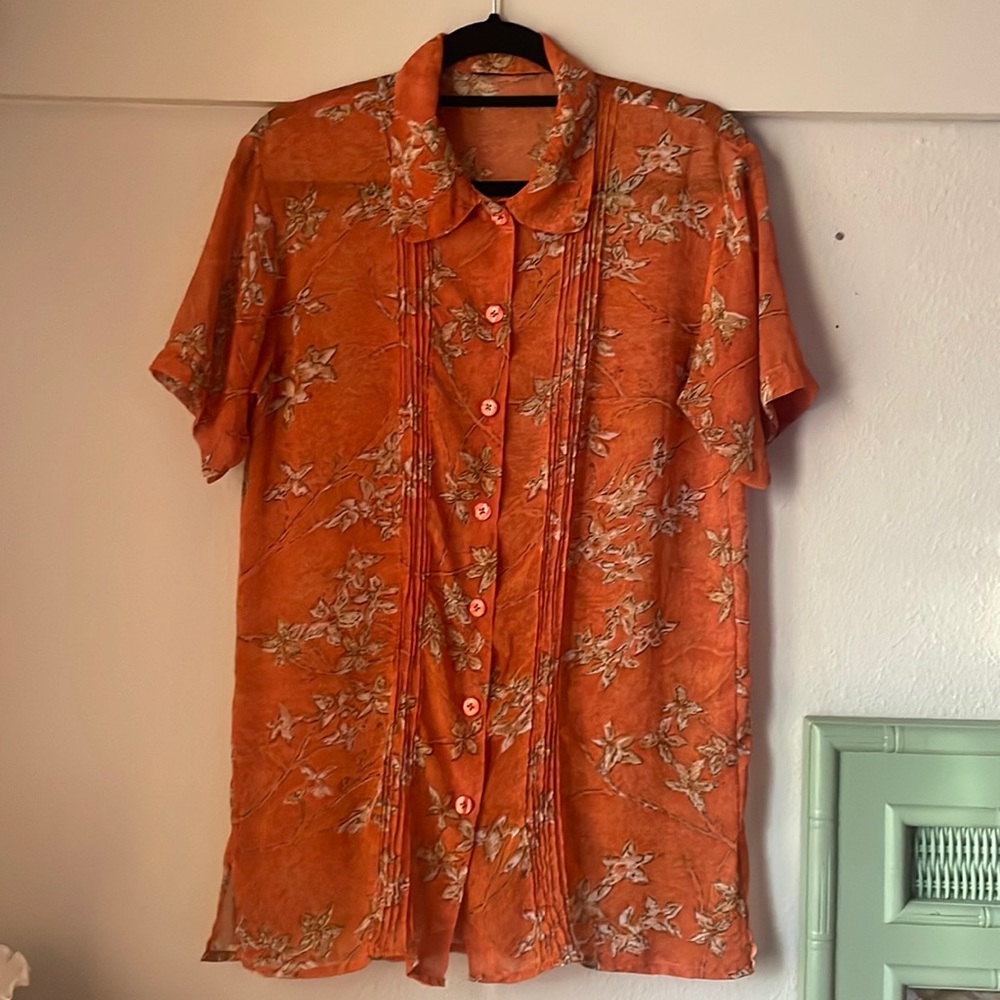 Vintage sheer floral printed short sleeve button down blouse top